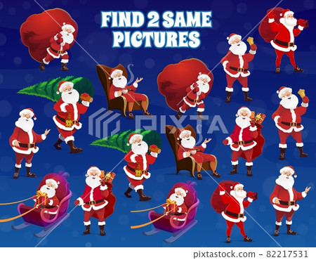 Kids find same picture Christmas game with Santa characters. Children winter holiday puzzle game. Happy Santa Claus carrying sack and Christmas tree, riding sleigh and drinking tea cartoon vector 82217531