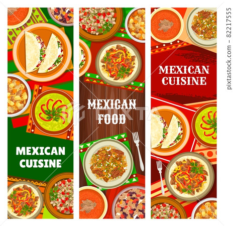 Mexican cuisine and Mexico food banners, traditional dishes and meals, vector restaurant menu. Mexican authentic food and national fishes taco salad, beef fajitas, chili con carne and pork estofado Mexican cuisine and Mexico food banners, traditional dishes and meals, vector restaurant menu. Mexican authentic food and national fishes taco salad, beef fajitas, chili con carne and pork estofado 82217555