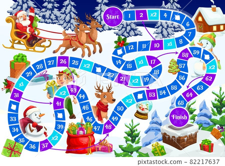 Kids holiday board game with Christmas characters. Children educational puzzle or playing activity, roll and move boardgame template. Santa riding sleigh, reindeer and elf, snowman cartoon vector 82217637