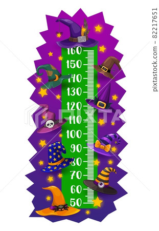 Kids height chart, Halloween witch and wizard hats, vector growth meter. Child height measuring scale or baby tall ruler with Halloween witch or sorcerer hats with skull, stars and zombie eyeball Kids height chart, Halloween witch and wizard hats, vector growth meter. Child height measuring scale or baby tall ruler with Halloween witch or sorcerer hats with skull, stars and zombie eyeball 82217651