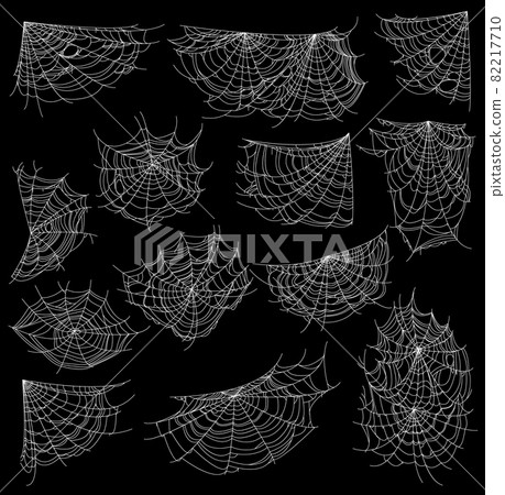 Halloween sticky cobweb and spider web, vector cartoon icons. Halloween holiday spiderwebs and scary nets on corners on black background, horror night party spooky cobwebs silhouettes 82217710