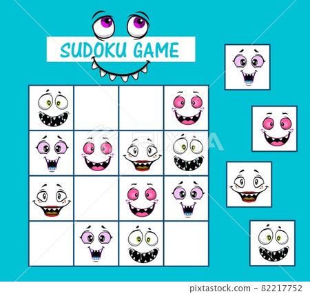 Sudoku kids game vector riddle with cartoon funny faces and monster muzzles on board. Children logic riddle, educational task, school or preschool activity, leisure recreation, boardgame with cards 82217752