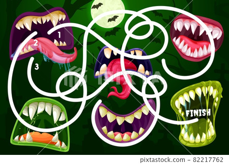 Kids maze game with monster mouths. Vector labyrinth puzzle find correct way board game. Task with tangled path and toothy maws. Educational children riddle, family or preschool activity, recreation 82217762