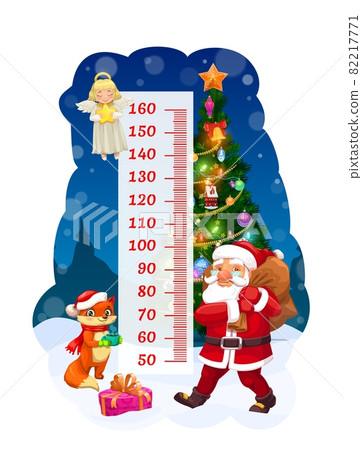 Kids height chart, Santa with gift bag growth meter. Vector wall sticker for children height measurement with cartoon characters angel, Santa Claus and cute fox near decorated Christmas tree and scale 82217771