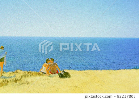 Couple sitting on a cliff by the sea and kissing 82217805