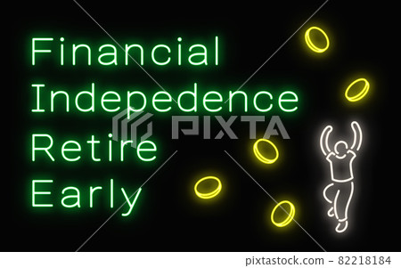 帶有 F.I.R.E 字母、黃色硬幣和黑色背景人物的霓虹燈標誌 帶有 F.I.R.E 字母、黃色硬幣和黑色背景人物的霓虹燈標誌 82218184