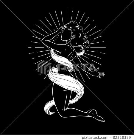 Beautiful girl on her knees, esoteric theme, peace of mind, space goddess. Vector illustration Beautiful girl on her knees, esoteric theme, peace of mind, space goddess. Vector illustration 82218359