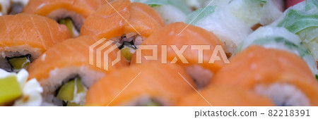 Closeup of asian food sushi with red fish Closeup of asian food sushi with red fish 82218391