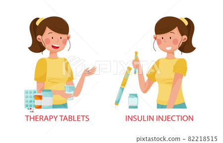 Diabetes disease advices set. Therapy tablets, insulin injection vector illustration Diabetes disease advices set. Therapy tablets, insulin injection vector illustration 82218515