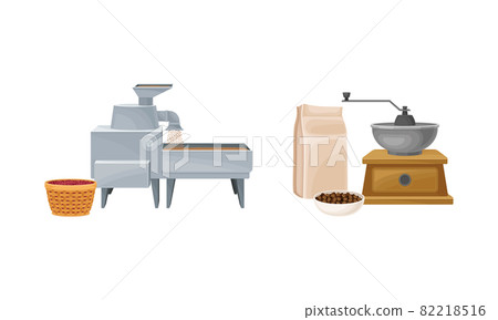Coffee industry production set. Coffee beans hulling and grinding vector illustration Coffee industry production set. Coffee beans hulling and grinding vector illustration 82218516