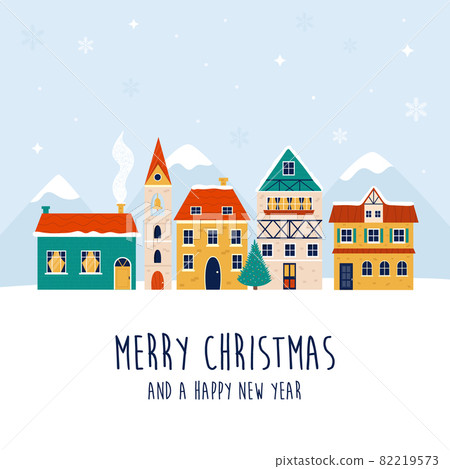 Holiday Christmas illustration with colorful buildings and Christmas tree. 82219573