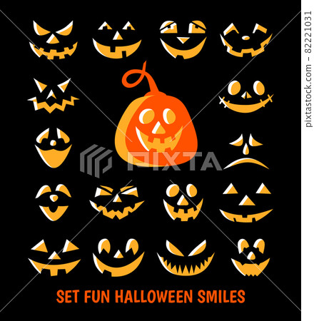 Illustration of fun pumpkin smiles. Design of the symbol of an dark black background with various eyes, nose and smile. The main symbol of the international holiday is happy Halloween. Illustration of fun pumpkin smiles. Design of the symbol of an dark black background with various eyes, nose and smile. The main symbol of the international holiday is happy Halloween. 82221031