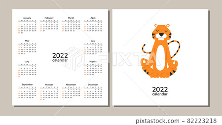 Square desk table wall calendar 2022. Happy New Year. Tigers. Chinese horoscope. Vector isolated cartoon illustration of tiger. Yoga sport meditation relax. Week starts on Sunday 82223218