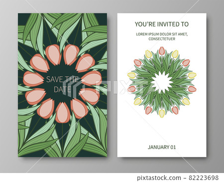 Set of posters, backgrounds with flowers and foliage of tulips. Ornaments and textures from spring flowers. Wreaths, frames with place for text. Cute natural motif for invitations and cards. Vector 82223698