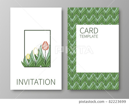 Set of posters, backgrounds with flowers and foliage of tulips. Ornaments and textures from spring flowers. Wreaths, frames with place for text. Cute natural motif for invitations and cards. Vector Set of posters, backgrounds with flowers and foliage of tulips. Ornaments and textures from spring flowers. Wreaths, frames with place for text. Cute natural motif for invitations and cards. Vector 82223699