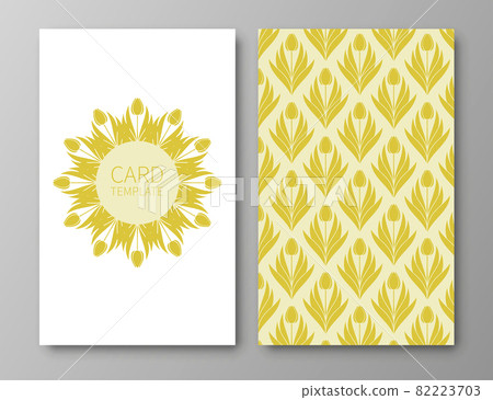 Set of posters, backgrounds with flowers and foliage of tulips.Ornaments from silhouettes of spring flowers.Wreaths, frames with place for text. Yellow color template for invitations and cards. Vector 82223703