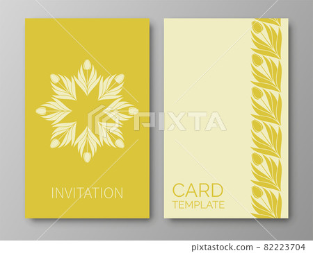 Set of posters, backgrounds with flowers and foliage of tulips.Ornaments from silhouettes of spring flowers.Wreaths, frames with place for text. Yellow color template for invitations and cards. Vector 82223704