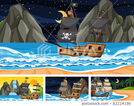 Set of different beach scenes with pirate ship Set of different beach scenes with pirate ship 82224186