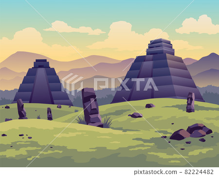 Easter island. Traveler at ancient mayan pyramids or moai statues. Famous travel landscape location banner. Tourism and vacation tropical background 82224482