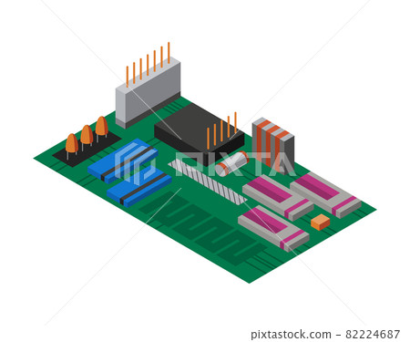Isometric circuit board with electronic components. Computer chip technology processor circuit and computer motherboard information system. Electronic 3D isolated composition Isometric circuit board with electronic components. Computer chip technology processor circuit and computer motherboard information system. Electronic 3D isolated composition 82224687