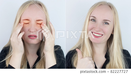 Before and after. On the left the woman indicates eyes pain, and on the right, indicates that the eyes no longer hurts. Medical care assistance concept in the treatment of conjunctivitis and eye 82227727