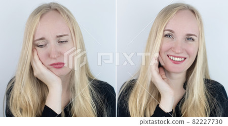 Before and after. On the left, the woman indicates teeth pain, and on the right, indicates that the teeth no longer hurts. Toothache. Pain management and professional medical care assistance concept. Before and after. On the left, the woman indicates teeth pain, and on the right, indicates that the teeth no longer hurts. Toothache. Pain management and professional medical care assistance concept. 82227730