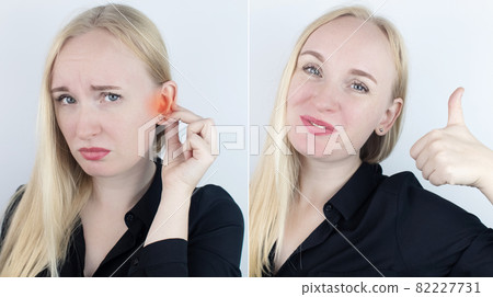 Before and after. On the left, the woman indicates ear pain, and on the right, indicates that the ear no longer hurts. Pain management and professional medical care assistance concept Before and after. On the left, the woman indicates ear pain, and on the right, indicates that the ear no longer hurts. Pain management and professional medical care assistance concept 82227731