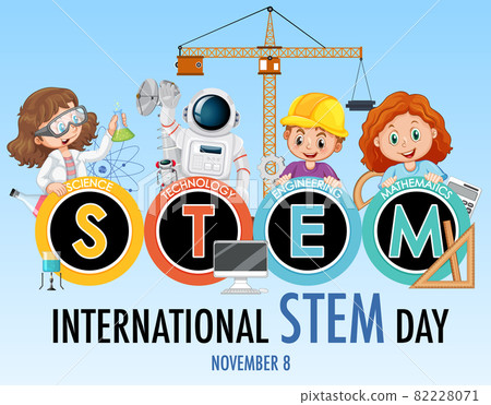 International STEM Day banner with kids cartoon character International STEM Day banner with kids cartoon character 82228071