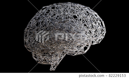 Computer generated artificial intelligence. 3d rendering of the shape of the human brain from a wireframe against the backdrop of colored lights 82229153