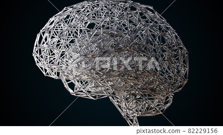 Computer generated artificial intelligence. 3d rendering of the shape of the human brain from a wireframe against the backdrop of colored lights 82229156