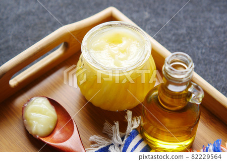 homemade ghee in container on a table , 82229564