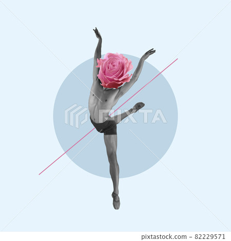 Contemporary art collage, design. Inspiration, idea, imagination, magazine style. Male graceful ballet dancer portrait with flowers instead head on light background 82229571