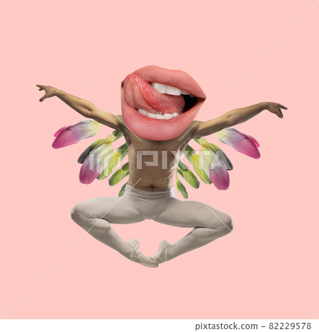 Contemporary art collage, design. Inspiration, idea, imagination, magazine style. Male graceful ballet dancer portrait with female mouth instead head on light background 82229578