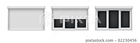 Large triple plastic windows with blinds. Realistic window mockup for interior decoration design. Closed and open jalousie for plastic windows. Large triple plastic windows with blinds. Realistic window mockup for interior decoration design. Closed and open jalousie for plastic windows. 82230456
