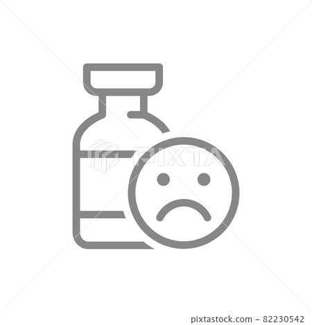 Medical ampoule and sad face line icon. Vaccination, vaccine evaluation, negative feedback symbol 82230542