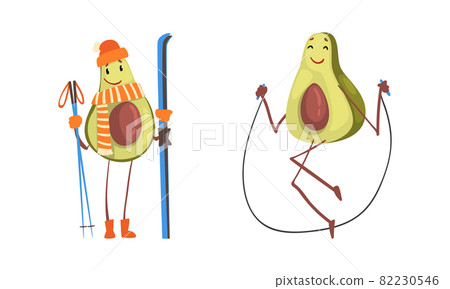Cute Avocado Character Jumping Rope and Skiing Vector Set 82230546