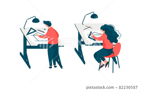 Man and Woman Architect at Table Designing Project and Blueprint for Building Construction Vector Set 82230587