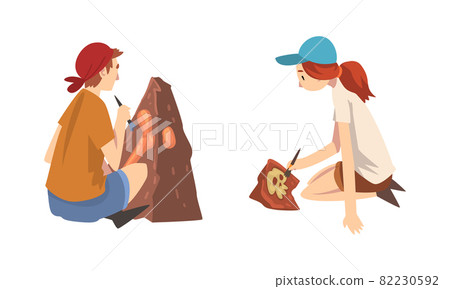 Woman Archaeologist with Brush Searching for Material Remains Vector Set Woman Archaeologist with Brush Searching for Material Remains Vector Set 82230592