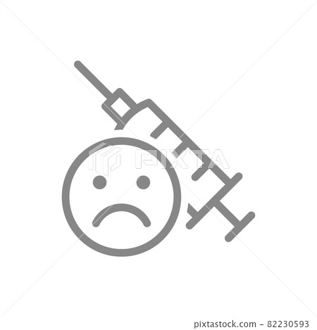 Medical syringe and sad face line icon. No vaccination, vaccine evaluation, negative feedback symbol Medical syringe and sad face line icon. No vaccination, vaccine evaluation, negative feedback symbol 82230593