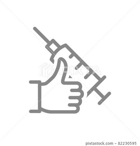 Medical syringe and thumb up line icon. Vaccination information, immunization, vaccine evaluation, positive feedback symbol Medical syringe and thumb up line icon. Vaccination information, immunization, vaccine evaluation, positive feedback symbol 82230595