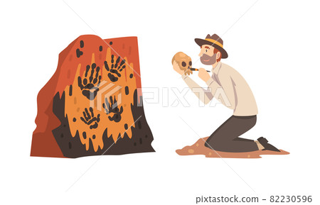 Man Archaeologist with Brush Searching for Material Remains Vector Set Man Archaeologist with Brush Searching for Material Remains Vector Set 82230596