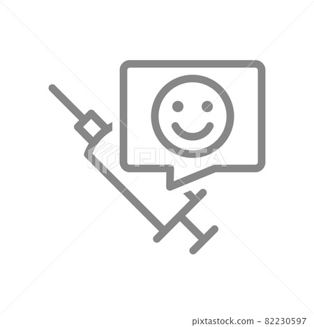 Medical syringe and happy face in speech buble line icon. Vaccination, vaccine evaluation, positive feedback symbol Medical syringe and happy face in speech buble line icon. Vaccination, vaccine evaluation, positive feedback symbol 82230597