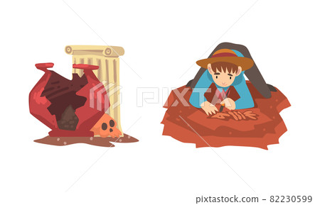Man Archaeologist with Brush Searching for Material Remains Vector Set Man Archaeologist with Brush Searching for Material Remains Vector Set 82230599