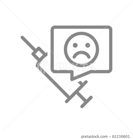 Medical syringe and sad face in speech buble line icon. Vaccination, consequences of vaccination, negative feedback symbol Medical syringe and sad face in speech buble line icon. Vaccination, consequences of vaccination, negative feedback symbol 82230601