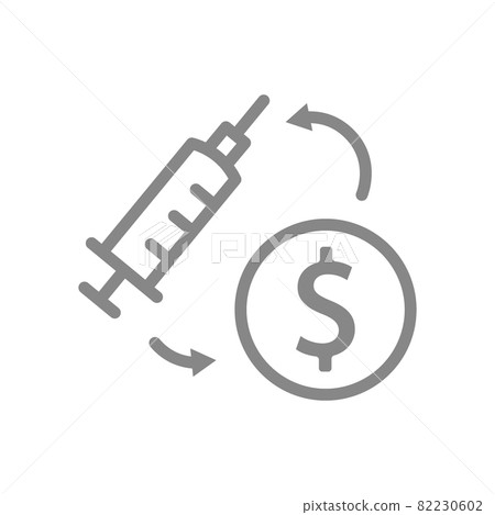 Medical syringe and coin line icon. Vaccination, paid injection, worldwide immunity symbol Medical syringe and coin line icon. Vaccination, paid injection, worldwide immunity symbol 82230602