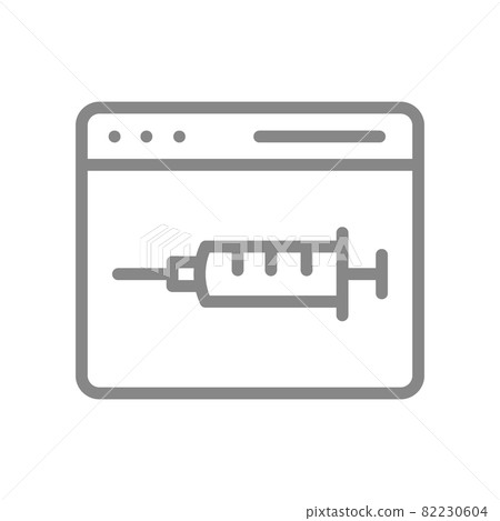 Medical syringe and web page line icon. Vaccination information, immunity, vaccination passport symbol 82230604