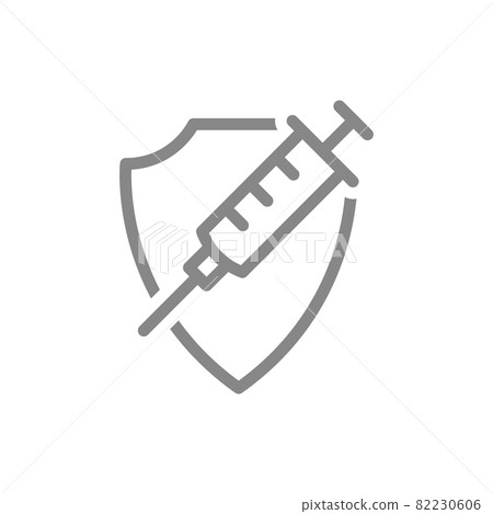 Medical syringe and shield line icon. Vaccination of the population, collective immunity, immunization symbol Medical syringe and shield line icon. Vaccination of the population, collective immunity, immunization symbol 82230606