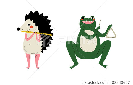 Funny Hedgehog and Frog Character Playing Triangle and Flute Performing Concert Vector Set Funny Hedgehog and Frog Character Playing Triangle and Flute Performing Concert Vector Set 82230607
