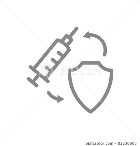 Medical syringe and shield line icon. Vaccination of the population, preventive measures, immunization symbol Medical syringe and shield line icon. Vaccination of the population, preventive measures, immunization symbol 82230608