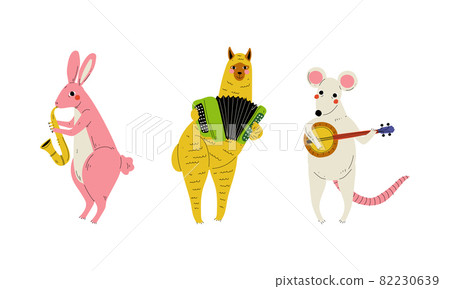 Funny Rabbit and Mouse Character Playing Lute and Saxophone Performing Concert Vector Set 82230639
